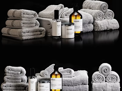 Stylish Bathroom Accessories With Folded And Rolled Towels Lotion Bottles And Candle Jars 3d model