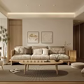 Modern Living Room Interior With Beige Sofa Wooden Coffee Table Decorative Paintings And Area Rug