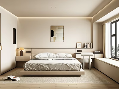 Modern Minimalist Bedroom Interior With Light Colored Bed Nightstand And Large Window For Natural Light 3d model