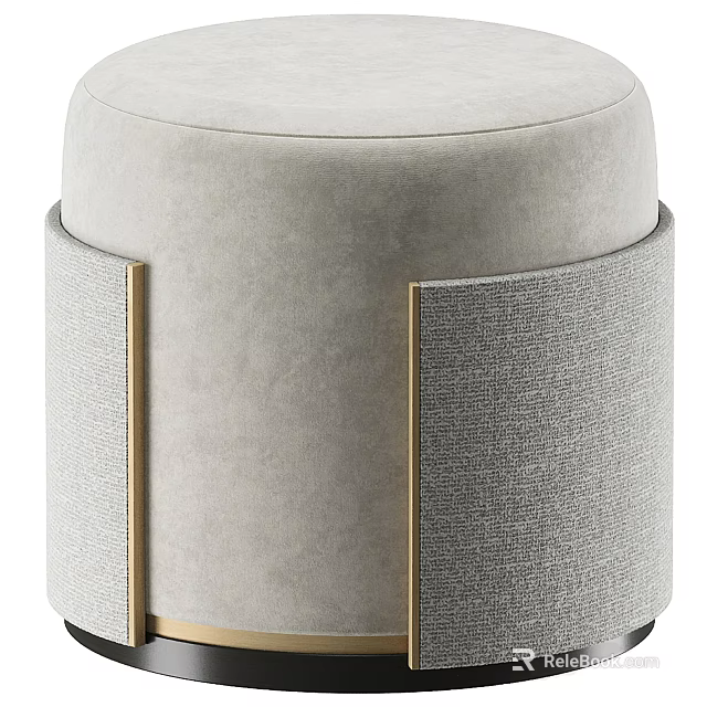 Round Light Grey Stool With Velvet Upholstery Gold Metal Accents And Textured Side Panels 3d model 