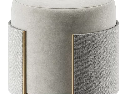 Round Light Grey Stool With Velvet Upholstery Gold Metal Accents And Textured Side Panels 3d model