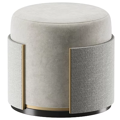 Round Light Grey Stool With Velvet Upholstery Gold Metal Accents And Textured Side Panels 3d model