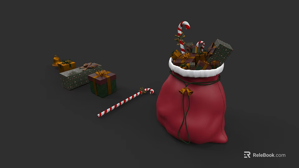 Festive Christmas Decorative Ornament Set With Red Bag Gift Boxes And Candy Canes 3d model 