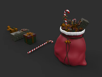 Festive Christmas Decorative Ornament Set With Red Bag Gift Boxes And Candy Canes 3d model