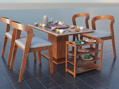Wooden Dining Table With Four Chairs Upholstered Seats Outdoor Ocean View Patio Tableware Food Cart 3d model
