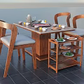Wooden Dining Table With Four Chairs Upholstered Seats Outdoor Ocean View Patio Tableware Food Cart