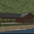 Scenic Public Toilet With Traditional Wooden Structure Near Mountains Water Trees And Stone Wall