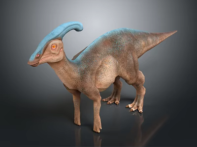 Realistic Parasaurolophus Dinosaur with Blue Crest and Brown Body on Dark Background 3d model