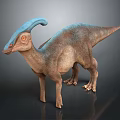 Realistic Parasaurolophus Dinosaur with Blue Crest and Brown Body on Dark Background