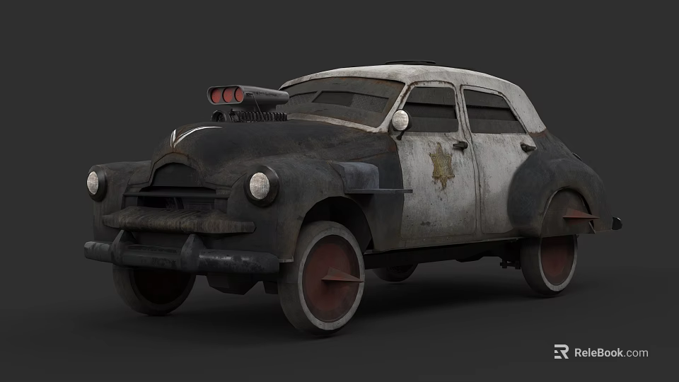 Old Vintage Car With Black And White Rusty Worn Exterior And Engine Details 3d model 