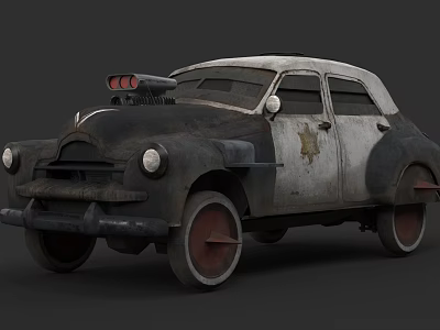 Old Vintage Car With Black And White Rusty Worn Exterior And Engine Details 3d model