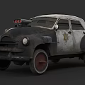 Old Vintage Car With Black And White Rusty Worn Exterior And Engine Details