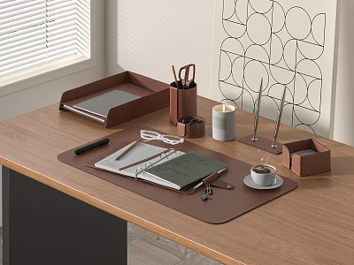 Organized Wooden Desk Setup With Storage Tray Pen Holder Notebook Candle And Coffee Cup 3d model
