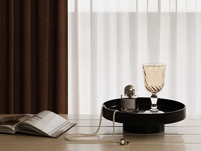 Cozy Window Sill Setup With Black Tray Perfume Bottle And Open Magazine 3d model