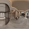 Elegant Modern Elevator Hallway With Wooden Walls Marble Flooring Decorative Art Sofa And Screen Partition