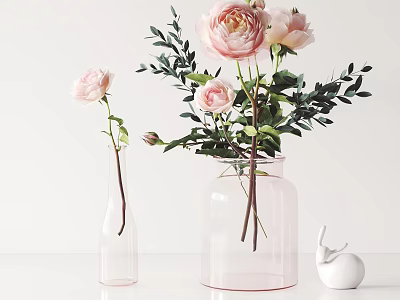 Pink Flowers in Transparent Vases with Green Leaves and White Rabbit Decoration 3d model