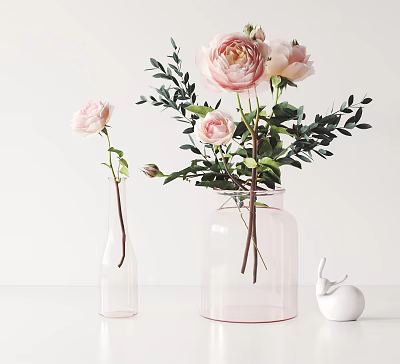 Pink Flowers in Transparent Vases with Green Leaves and White Rabbit Decoration 3d model