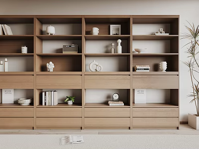 Modern Minimalist Wooden Bookcase With Shelves Drawers Books Decorative Items And Potted Plant 3d model