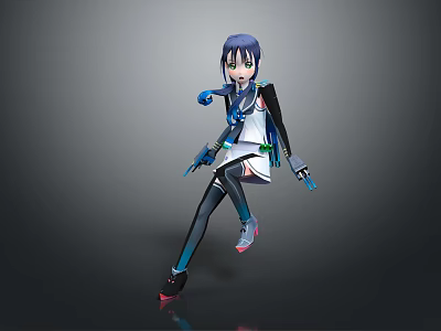 Game Movie Character With Blue Purple Hair Green Eyes Tech Outfit And Dynamic Action Pose 3d model