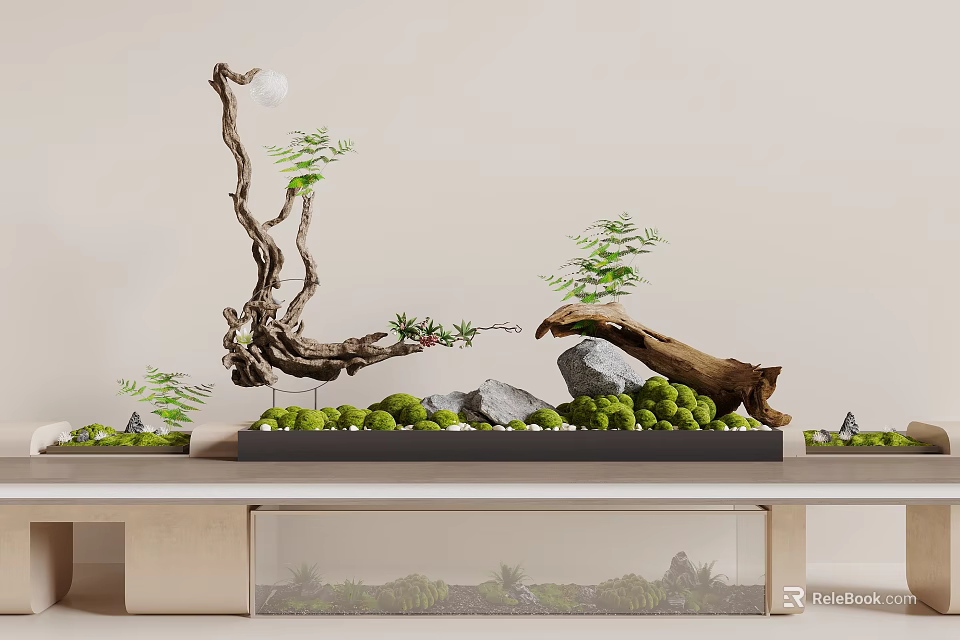 Natural Style Decorative Ornament Set With Driftwood Branches Green Plants And Stones On Display Stand 3d model 