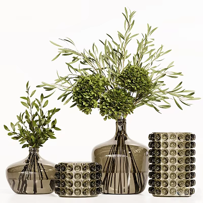 Brown Glass Vases With Green Olive Branches And Hydrangea Flowers Decorative Blocks Arrangement 3d model