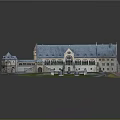 Cartoon Castle Scene Featuring Blue Roof Multi Story Building Green Lawn Pathway And Statues