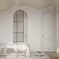 Elegant Bedroom Interior With Arched Window White Bed Plush Chair And Round Mirror