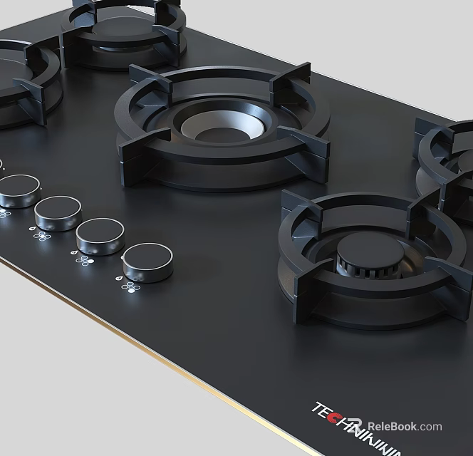 Modern Kitchen Gas Stove With Black Surface Multiple Burners And Control Knobs Appliance 3d model
