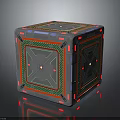 Futuristic Cube Structure with Green Red Lines Grid Patterns and Glowing Mechanical Nodes 3d model