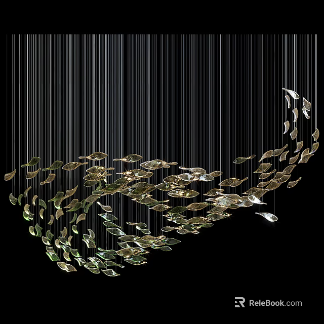 Modern Artistic Chandelier With Black Hanging Lines And Gold Leaf Decorations 3d model 