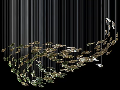 Modern Artistic Chandelier With Black Hanging Lines And Gold Leaf Decorations 3d model