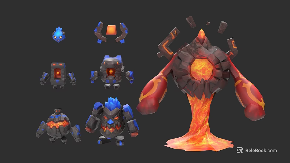 Various Lava Core Character And Mechanical Creature Designs With Rock Flame Elements 3d model 
