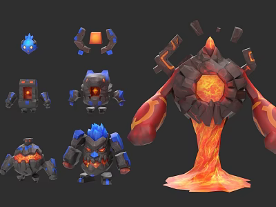 Various Lava Core Character And Mechanical Creature Designs With Rock Flame Elements 3d model