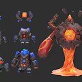 Various Lava Core Character And Mechanical Creature Designs With Rock Flame Elements
