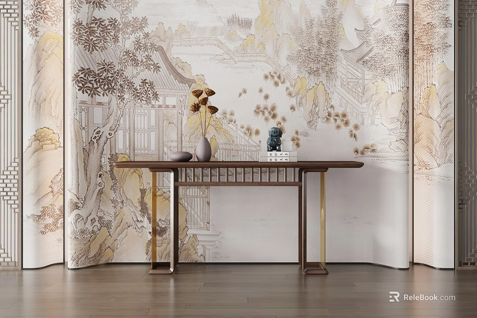 Traditional Chinese Style Wooden Console Table With Mountain Water Pattern Mural And Decorative Vase Ornaments 3d model 