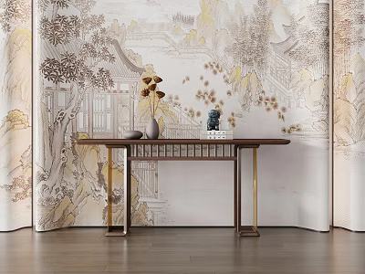 Traditional Chinese Style Wooden Console Table With Mountain Water Pattern Mural And Decorative Vase Ornaments 3d model
