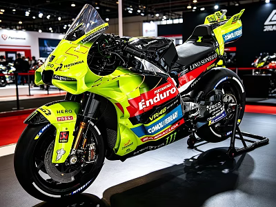 Bright Yellow Racing Motorcycle With Multiple Sponsor Logos On Exhibition 3d model