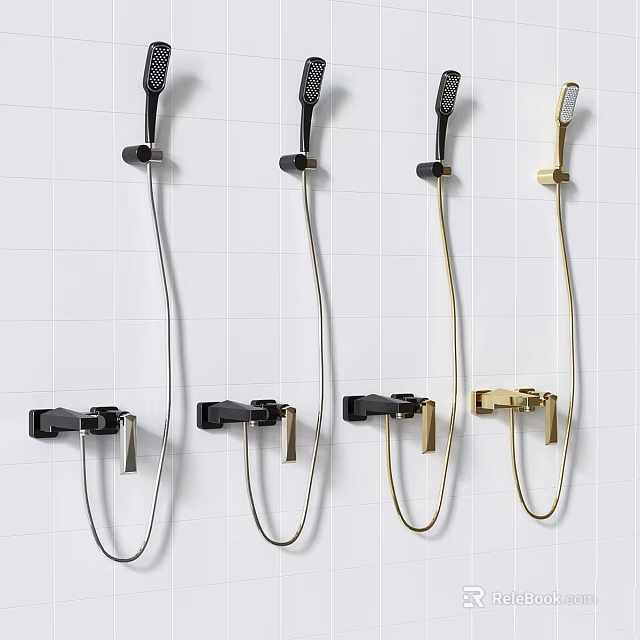 Stylish Black and Gold Wall Mounted Faucets with Pull Out Spray Design 3d model