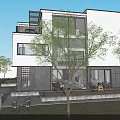 Modern Detached Villa With Large Glass Windows White Dark Exterior Lawn And Trees