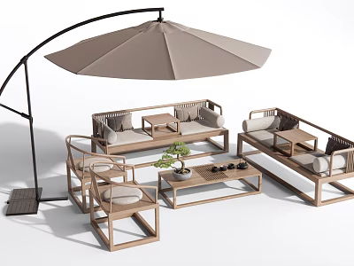 Modern Wooden Outdoor Sofa Set With Umbrella Coffee Table And Chairs 3d model