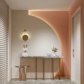 Stylish Entryway With Curved Design Round Wall Lamp Marble Countertop Metal Frame And Small Stool