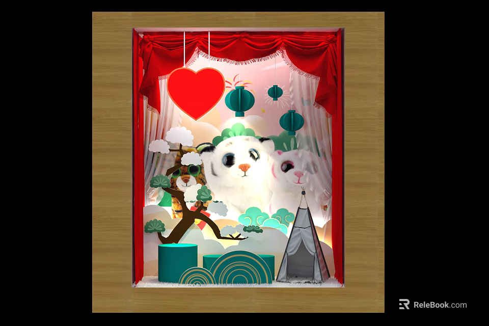 Store Window Display With Red Curtains Red Heart Green Lanterns And White Cartoon Characters 3d model 