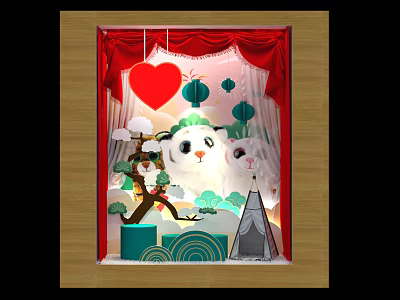 Store Window Display With Red Curtains Red Heart Green Lanterns And White Cartoon Characters 3d model