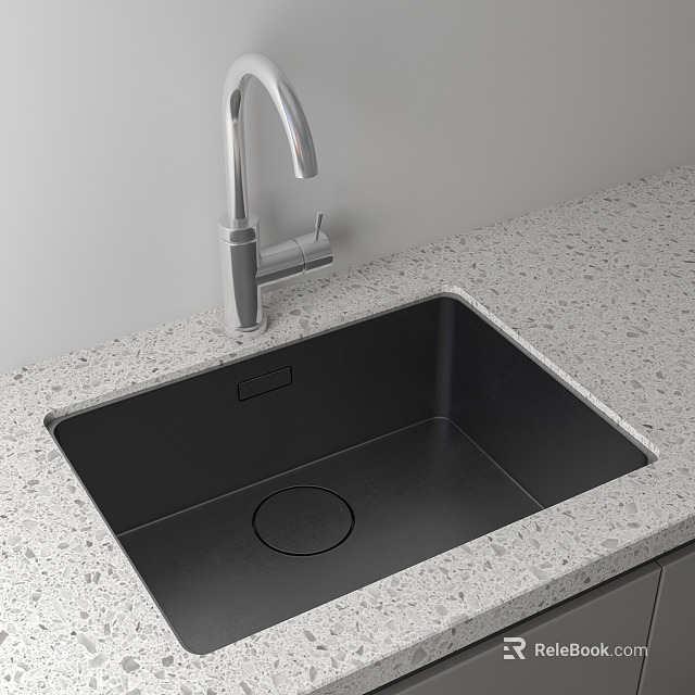 Modern Black Kitchen Sink With Stainless Steel Faucet On Speckled Countertop 3d model 