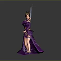 Game Movie Character In Purple Kimono Holding Blue Transparent Sword Traditional Updo Hairstyle