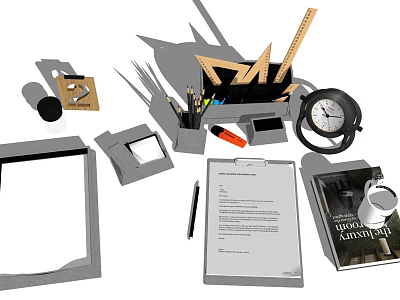 Essential Office Supplies Collection With Ruler Pencils Pen Holder Clock And Books 3d model