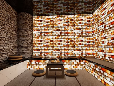 Sauna Interior With Colorful Stone Walls Stone Benches And Mat Covered Floor 3d model