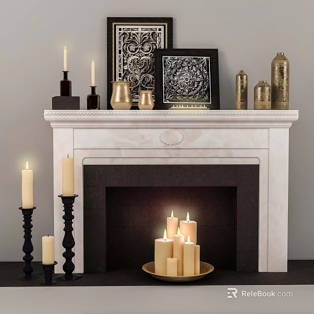 Elegant Marble Fireplace Interior With Lit Candles And Decorative Mantel Items 3d model