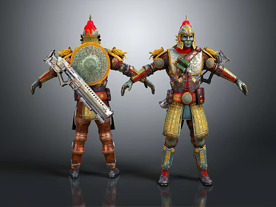 Armored Warrior Characters 3D Model With Red Helmet Shield Weapon And Gold Armor 3d model