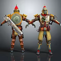 Armored Warrior Characters 3D Model With Red Helmet Shield Weapon And Gold Armor 3d model